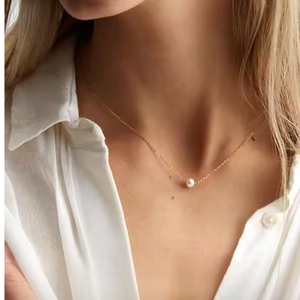 Floating Pearl Necklace, Freshwater Pearl Necklace, Dainty Pearl Necklace, Delicate Gold Chain Pearl Necklace, Wedding Necklace, Gift For Her.