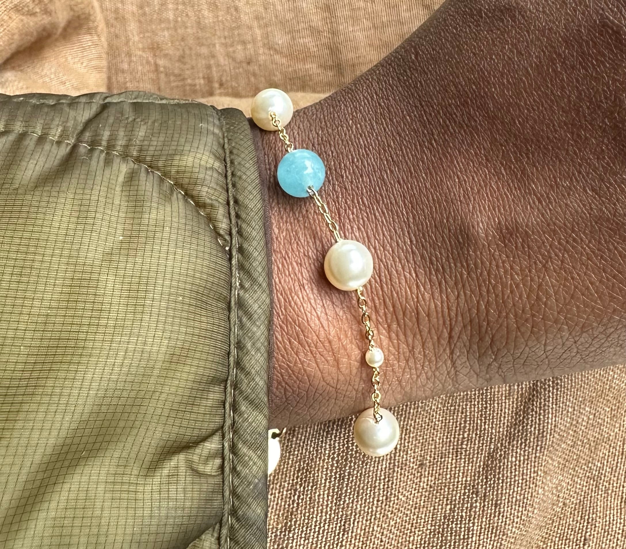 Aquamarine Gemstone & Swarovski Pearls Adjustable Bracelet For Women 61/2- 81/2 Inches.