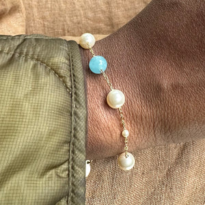 Aquamarine Gemstone & Swarovski Pearls Adjustable Bracelet For Women 61/2- 81/2 Inches.