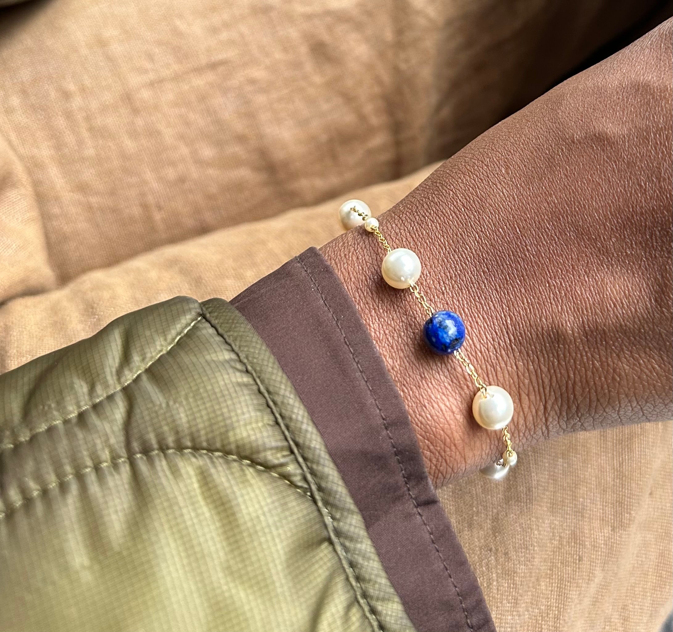 Lapis Lazuli Gemstone & Swarovski  Pearls Adjustable Bracelet 61/2-81/2 Inches.