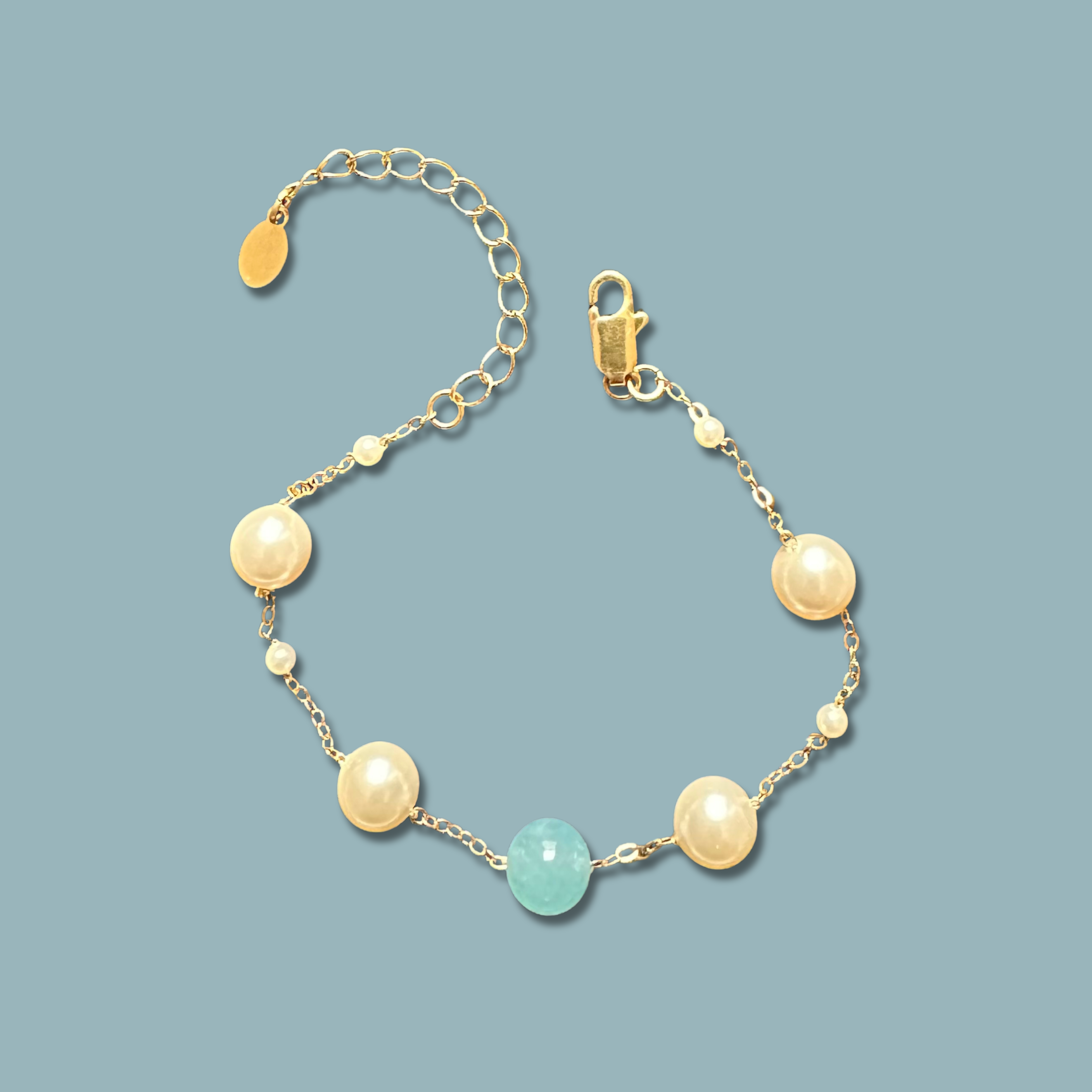 Aquamarine Gemstone & Swarovski Pearls Adjustable Bracelet For Women 61/2- 81/2 Inches.
