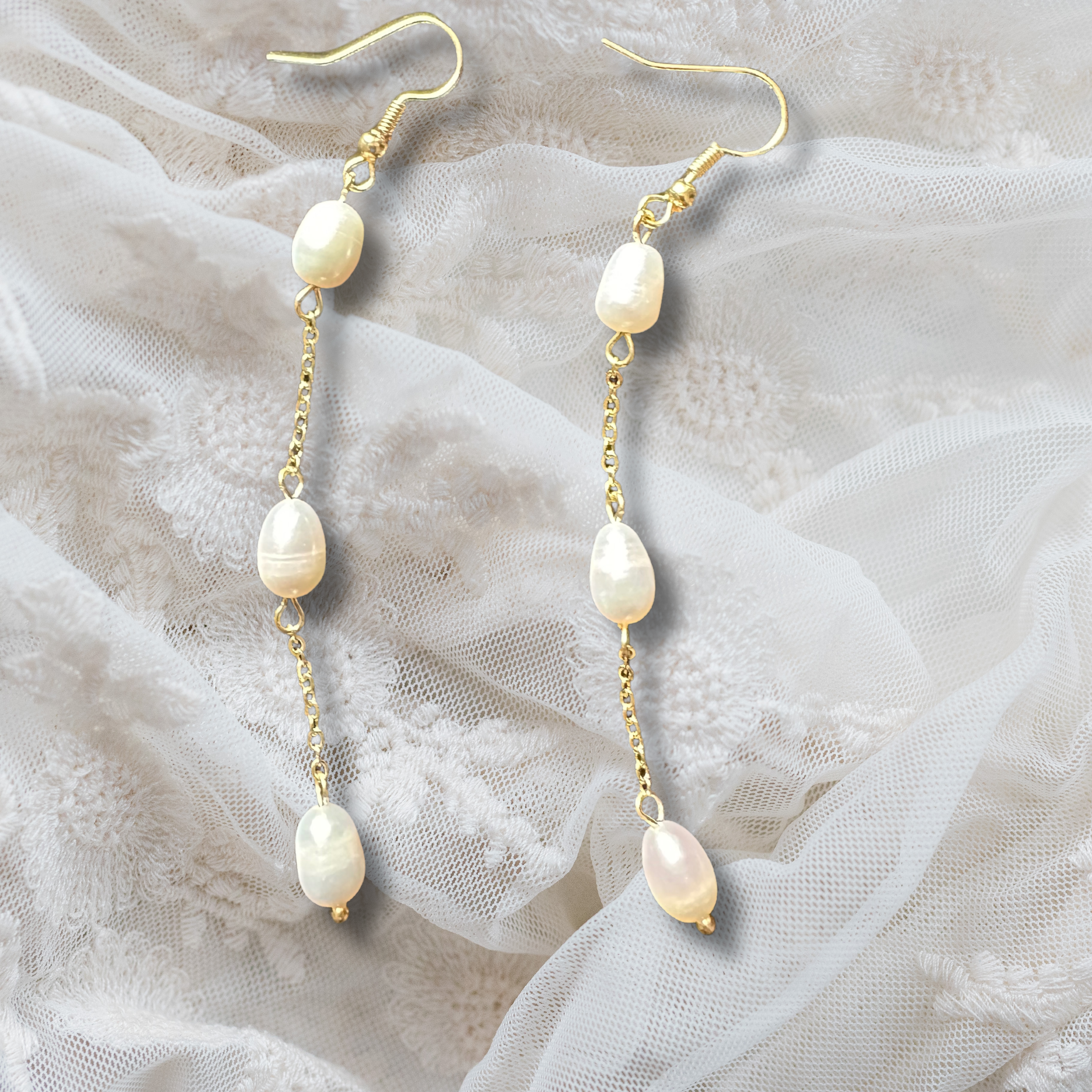 Freshwater Pearl Drop Earrings, 3 Tier Earrings, Bridal Pearl Earrings, 24K Plated Dangle Earrings, Wedding Earrings, Bridesmaids Gifts