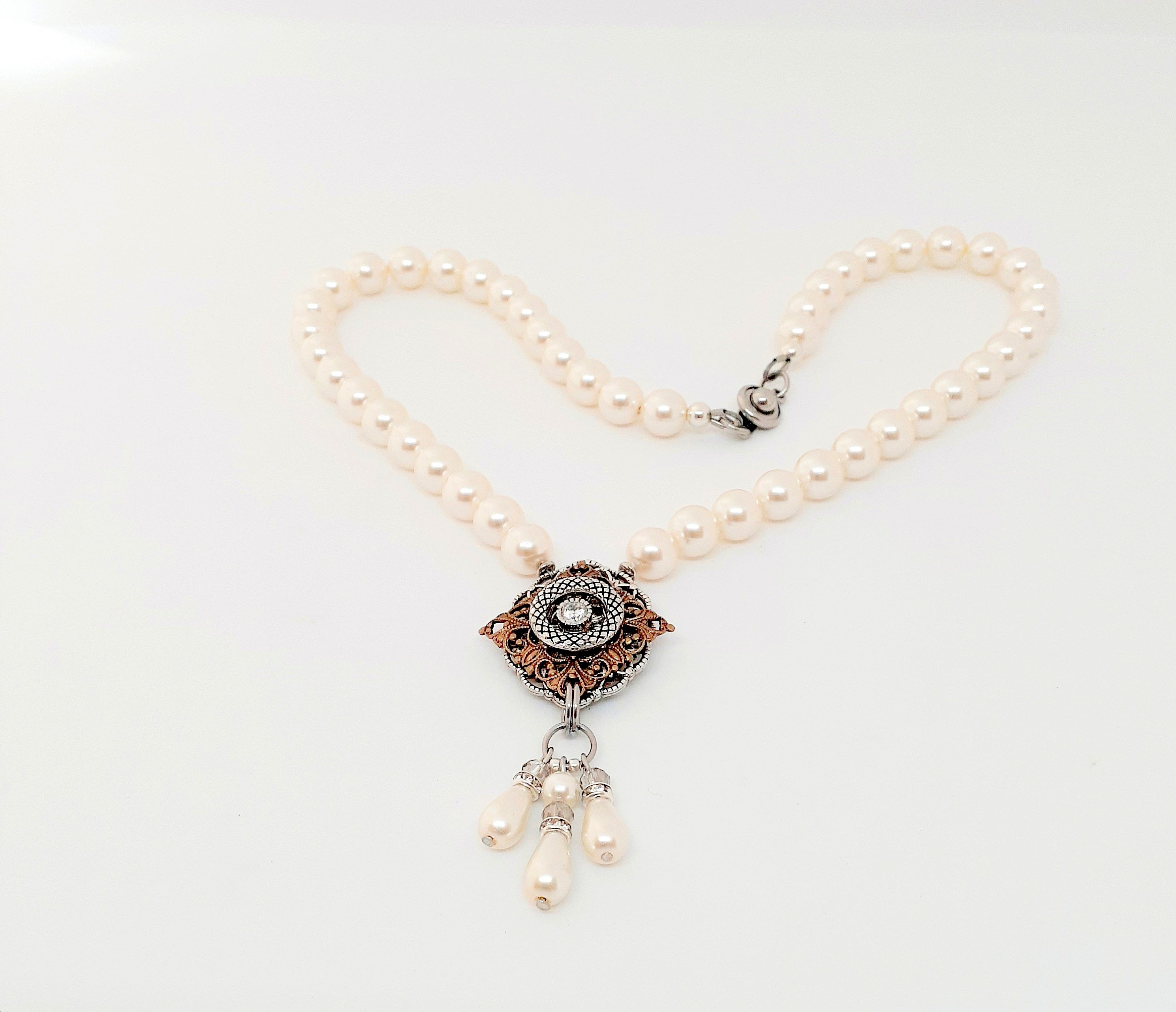 Antique Gold Chantilly Pearl and Rhinestone Crystal Necklace