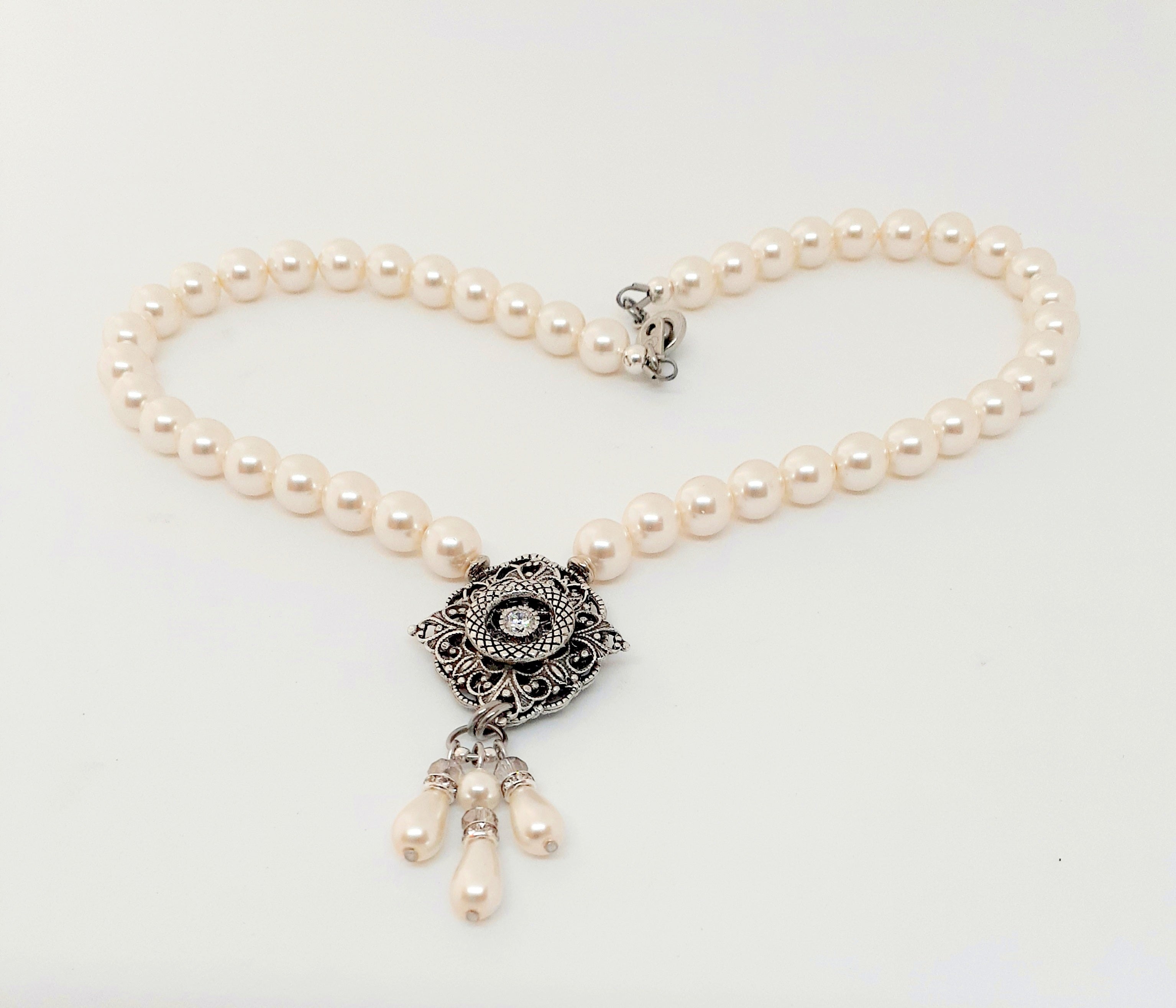 Antique Silver Chantilly Pearl and Rhinestone Crystal Necklace