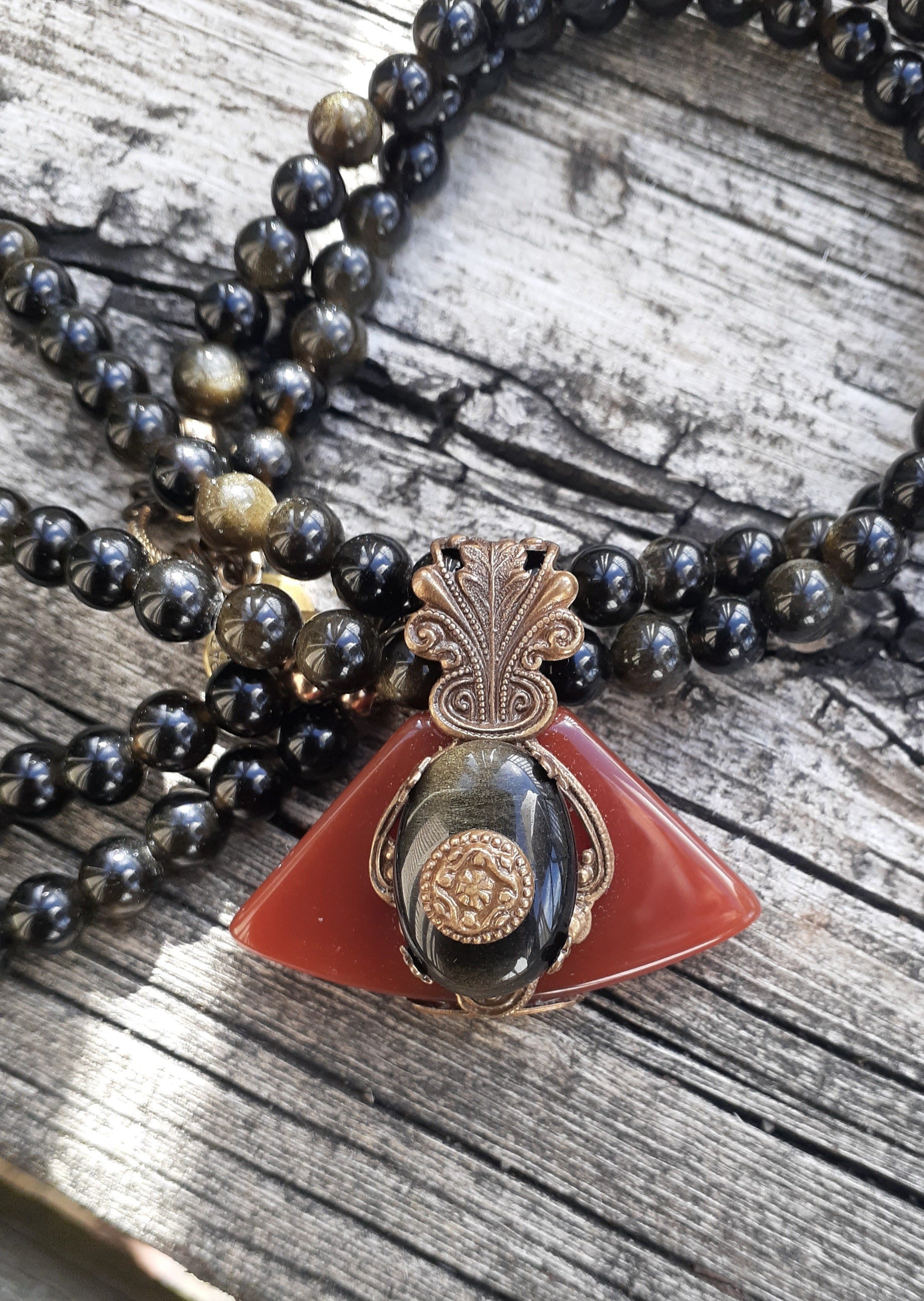 Gold Double Stranded Obsidian Necklace