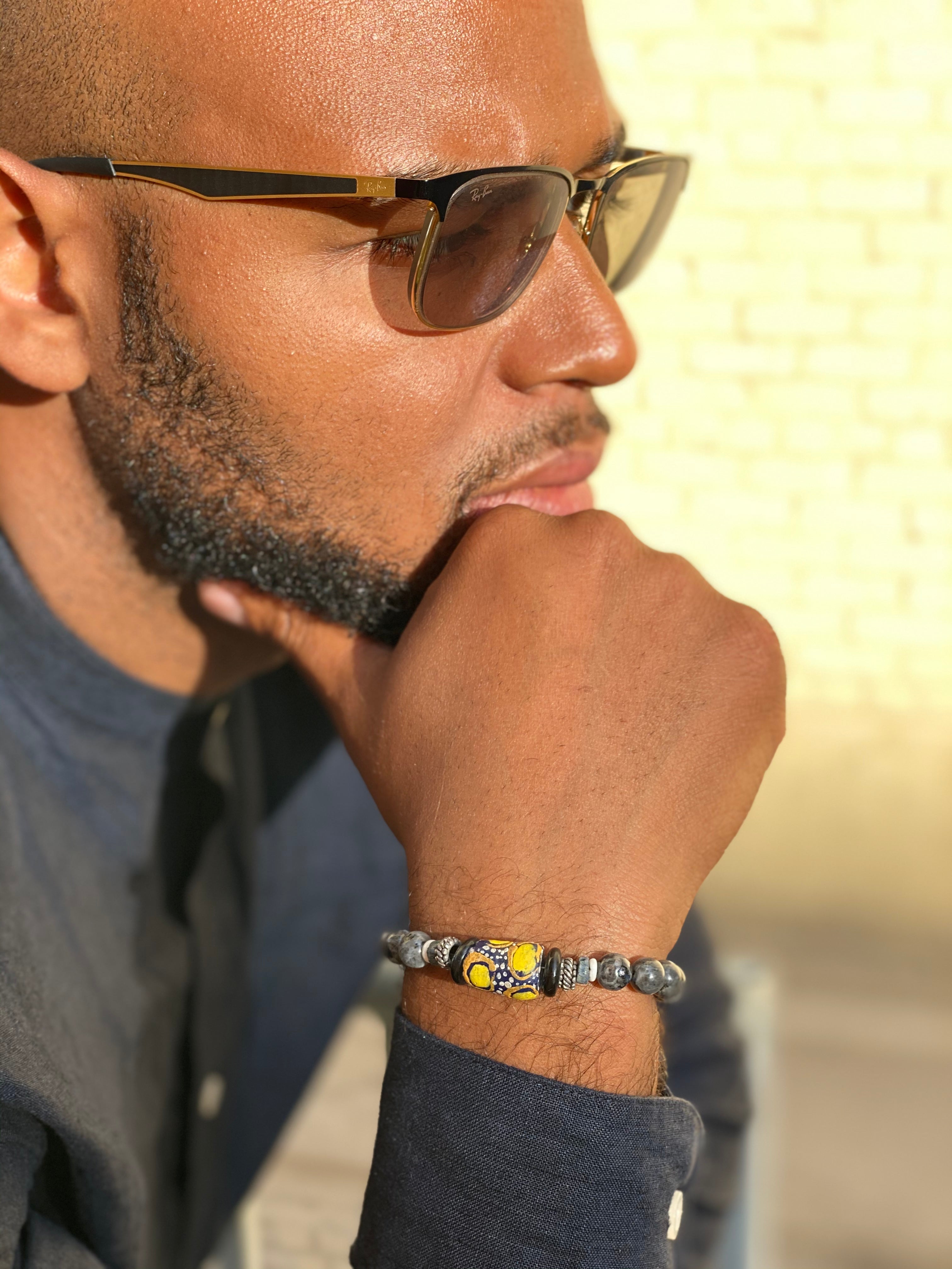 Larvikite Stainless Steel Beaded Bracelet