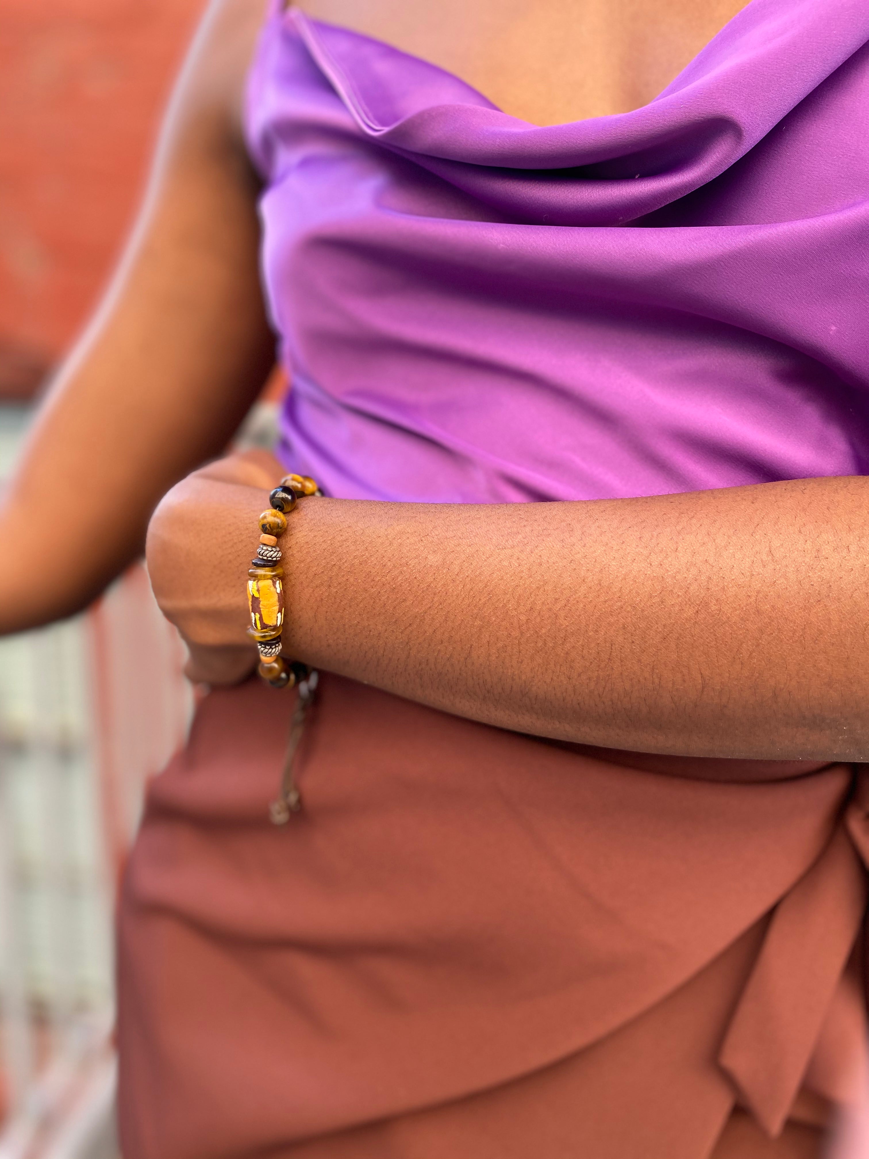 Tiger Eye Stainless Steel Beaded Bracelet with Lobster Clasp