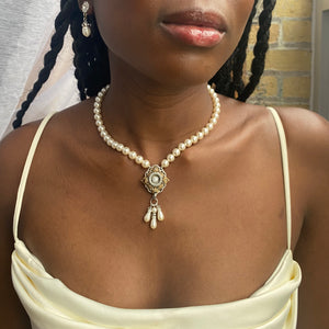 Antique Gold Chantilly Pearl and Rhinestone Crystal Necklace