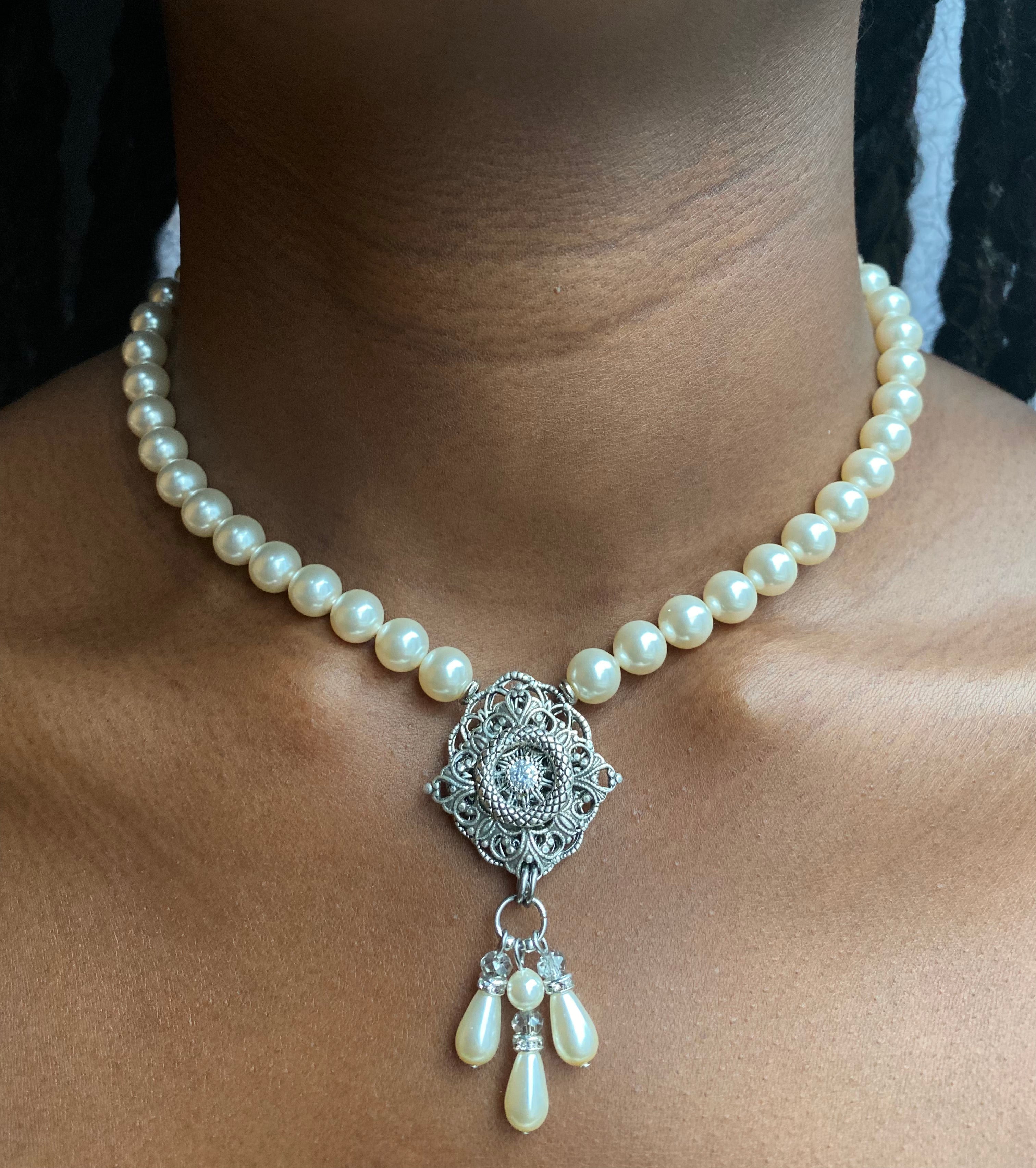 Handmade Pearl and Crystal Bridal Necklace Set - Cassandra Lynne