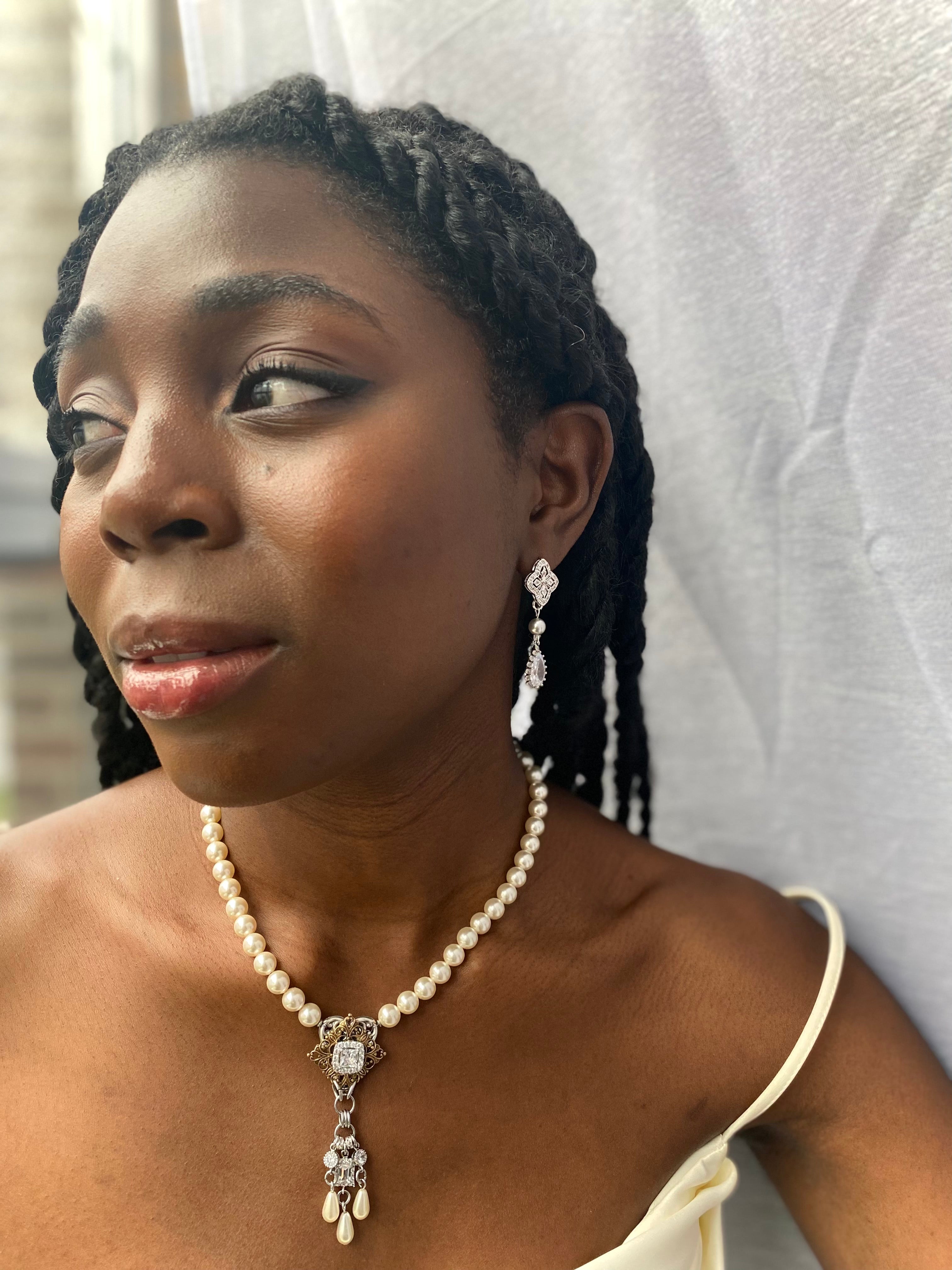 Antique Gold Victoria Pearl and Cubic Zirconia Necklace