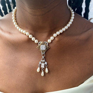 Antique Gold Victoria Pearl and Cubic Zirconia Necklace