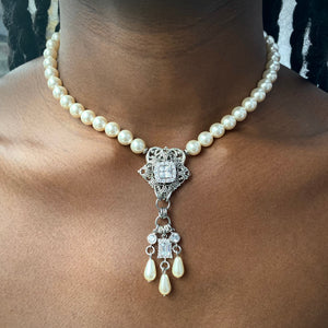 Antique Silver Victoria Pearl and Cubic Zirconia Necklace