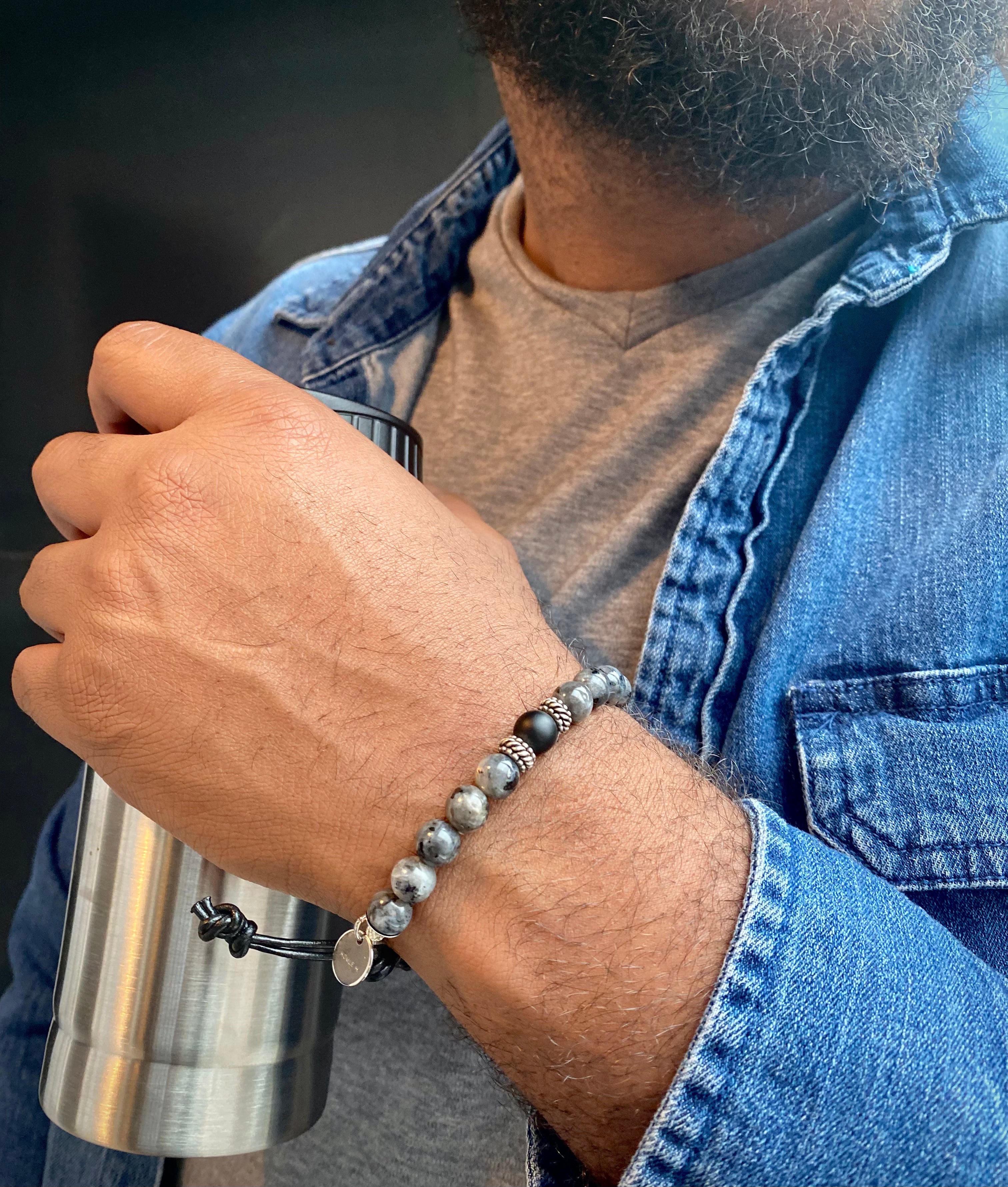 Adjustable Larvikite Beaded Bracelet with Onyx
