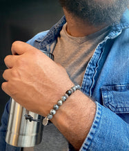 Adjustable Larvikite Beaded Bracelet with Onyx