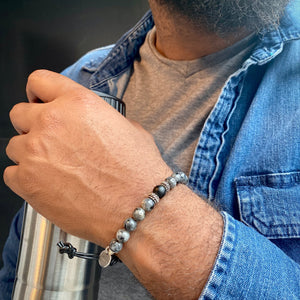 Adjustable Larvikite Beaded Bracelet with Onyx