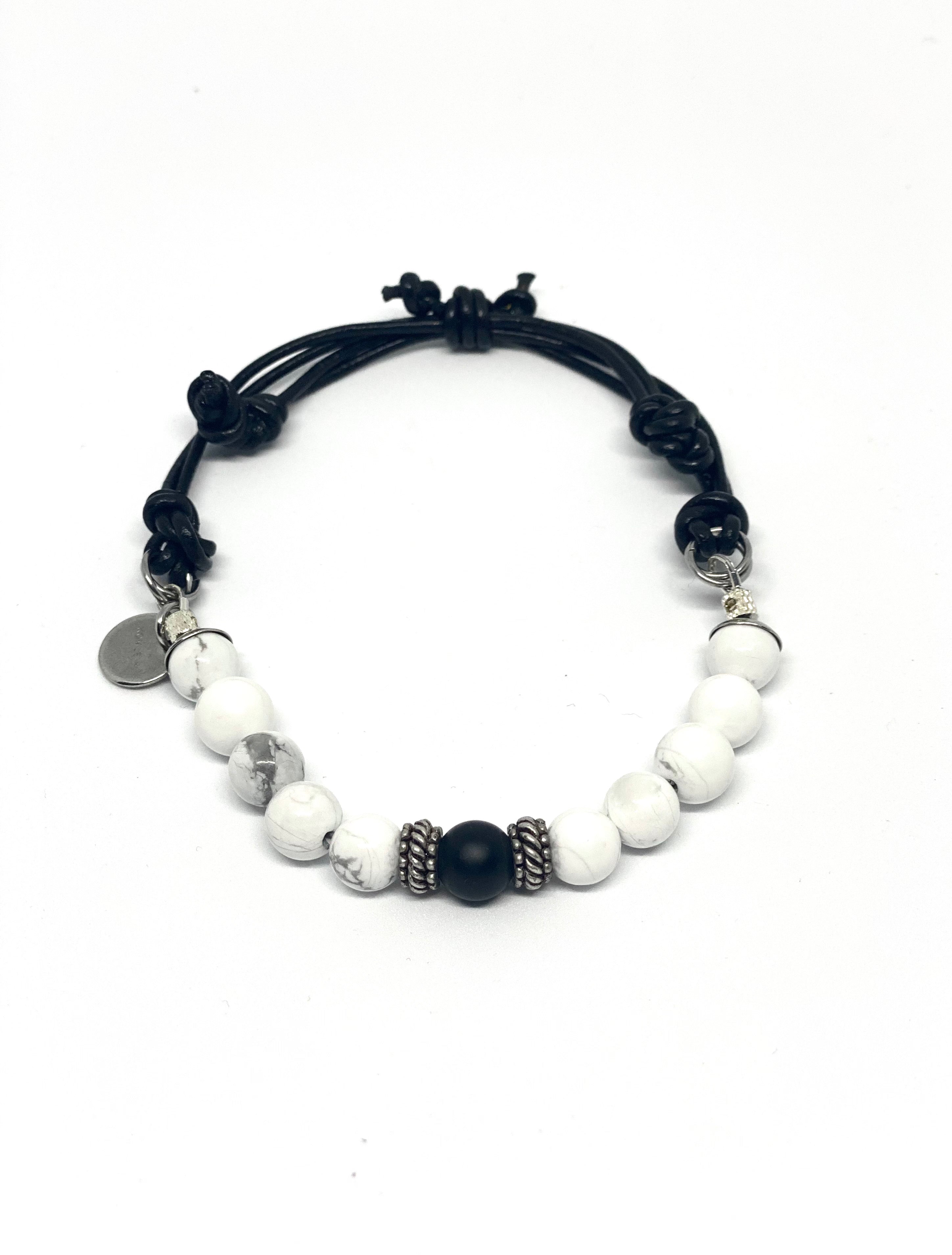 Adjustable Howlite Beaded Bracelet with Onyx