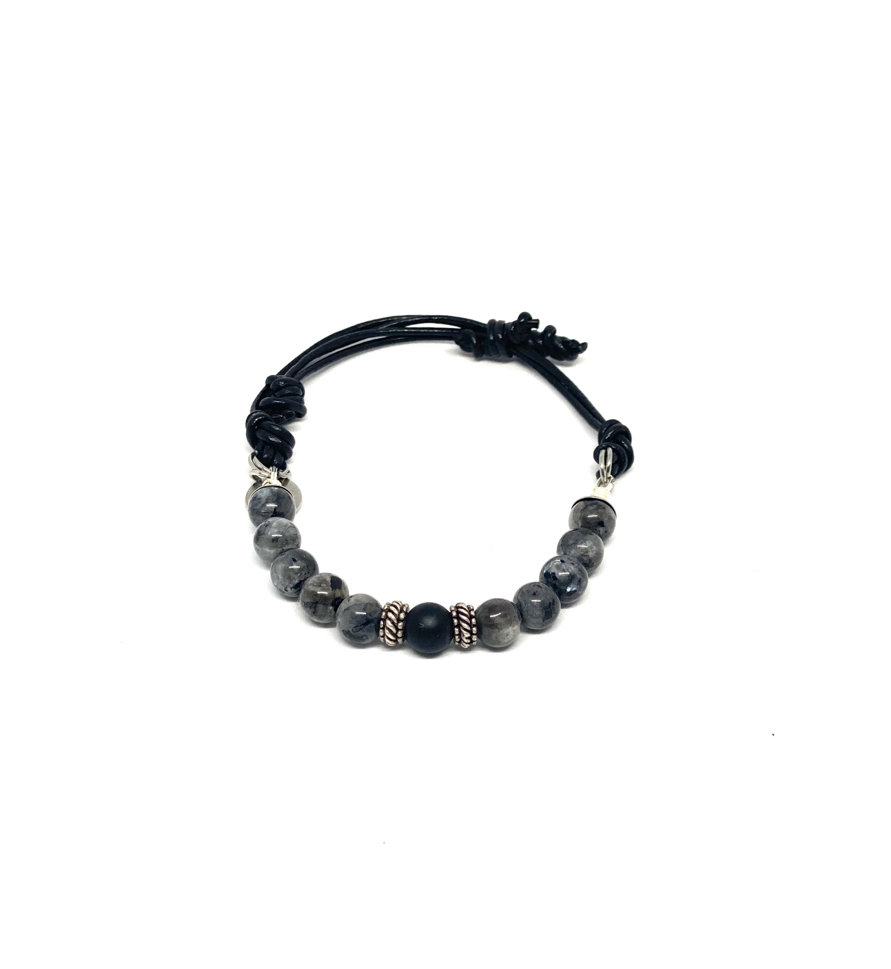 Adjustable Larvikite Beaded Bracelet with Onyx