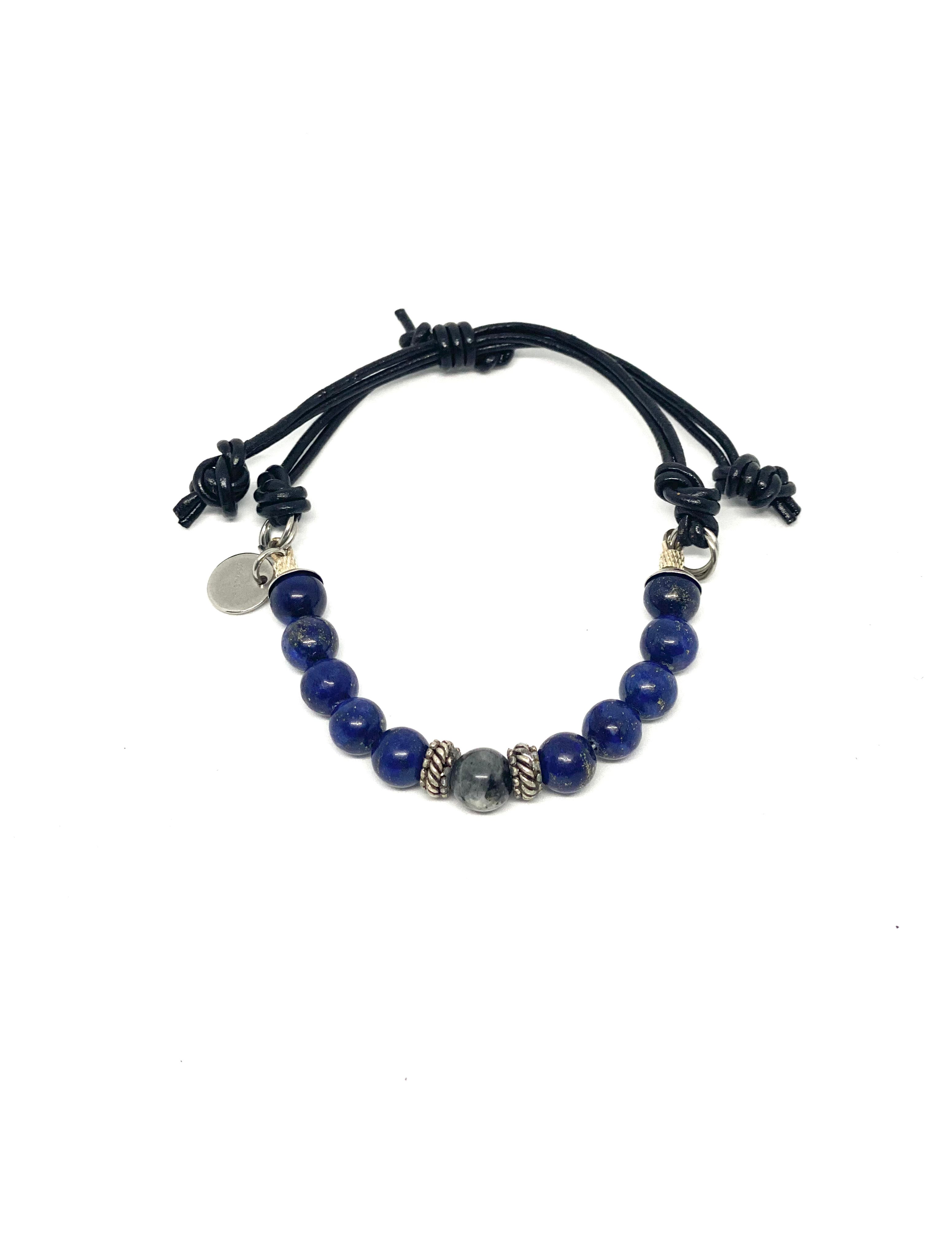 Adjustable Lapis Beaded Bracelet with Larvikite
