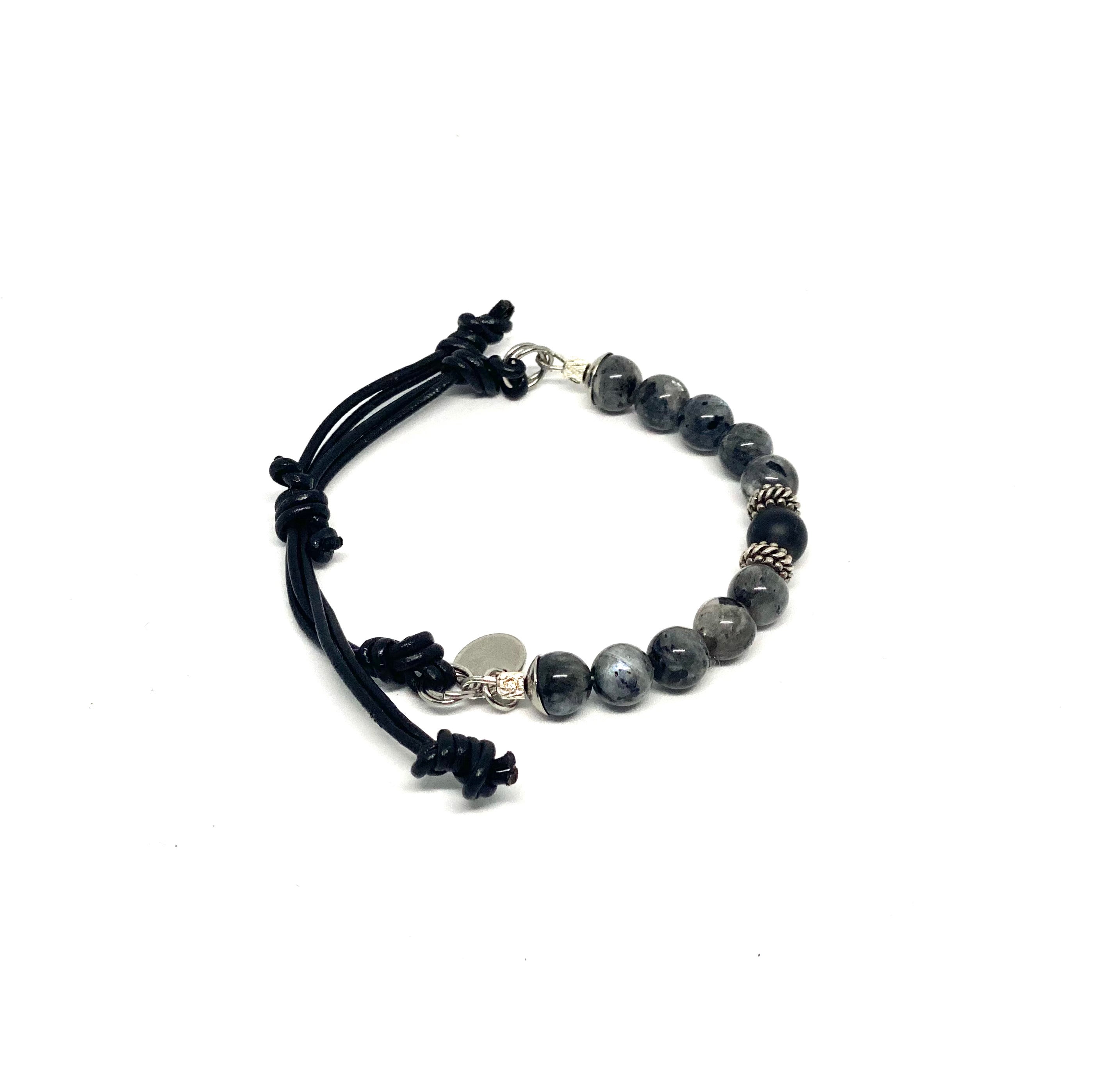 Adjustable Larvikite Beaded Bracelet with Onyx