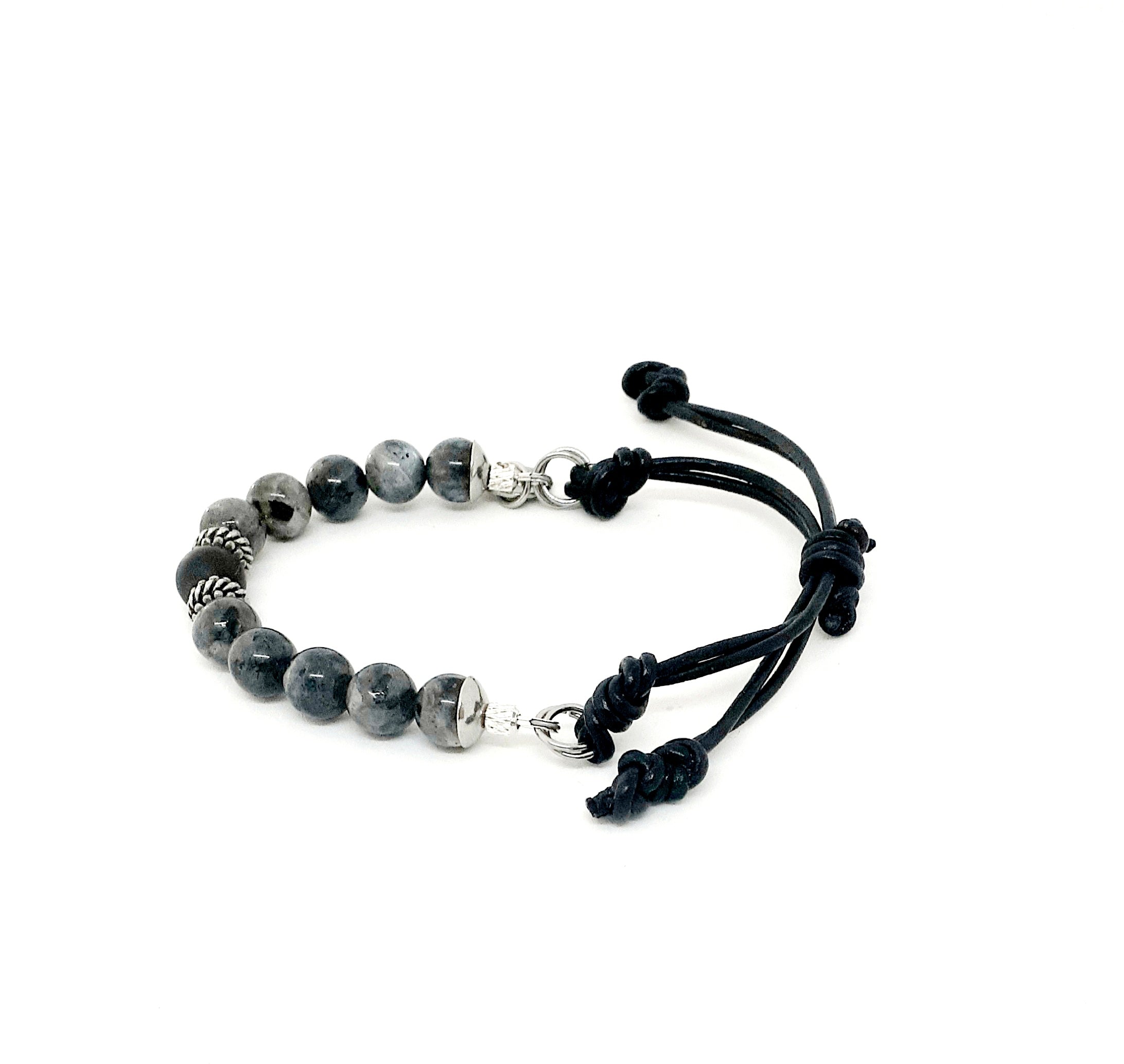 Adjustable Larvikite Beaded Bracelet with Onyx