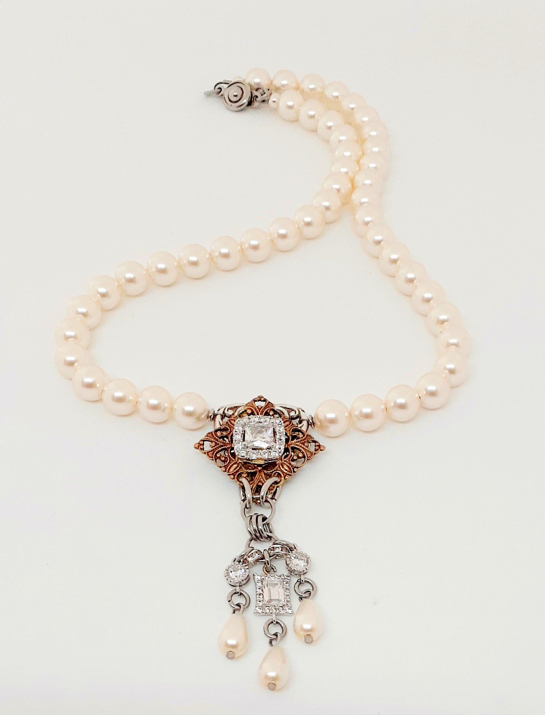 Antique Gold Victoria Pearl and Cubic Zirconia Necklace