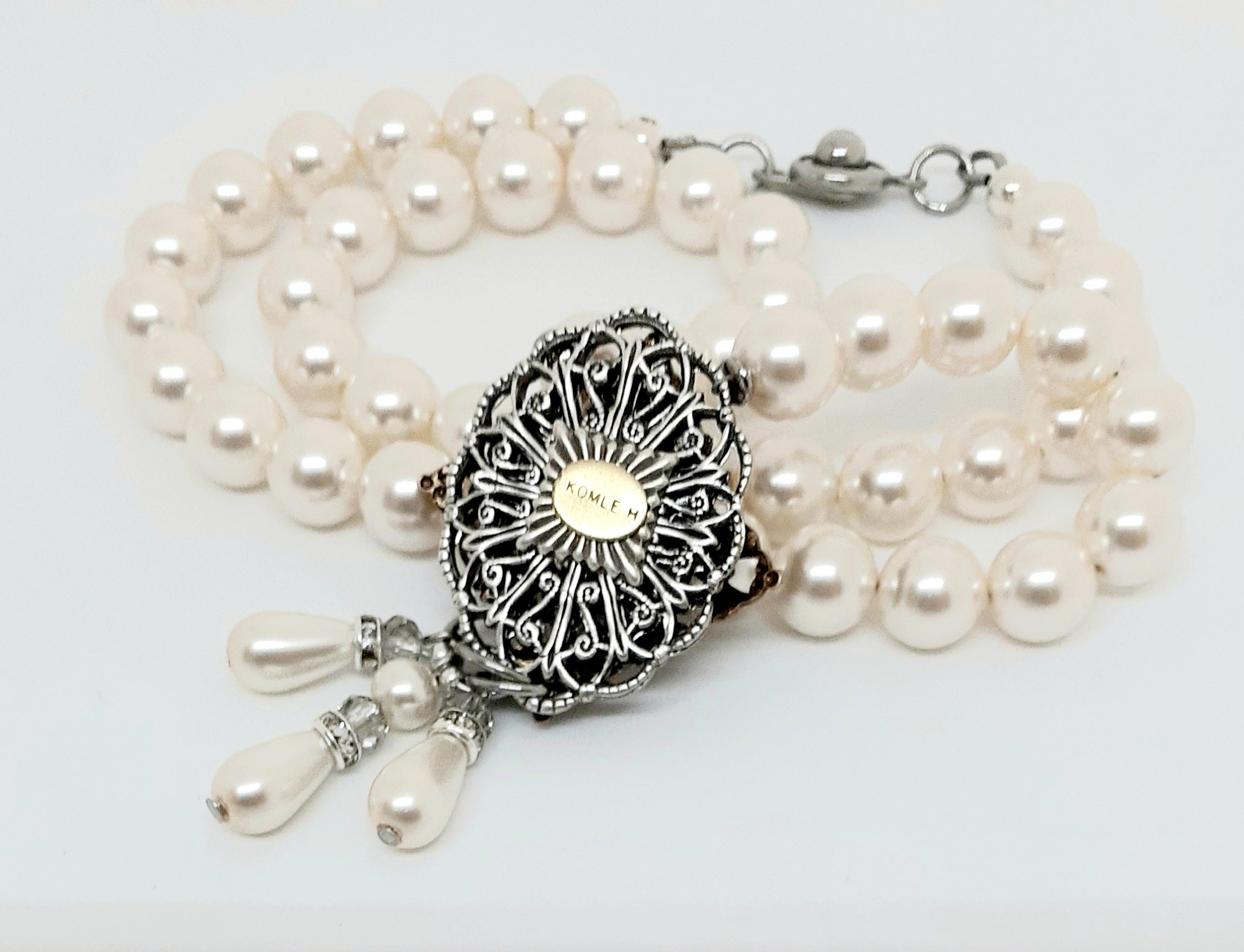 Antique Gold Chantilly Pearl and Rhinestone Crystal Necklace