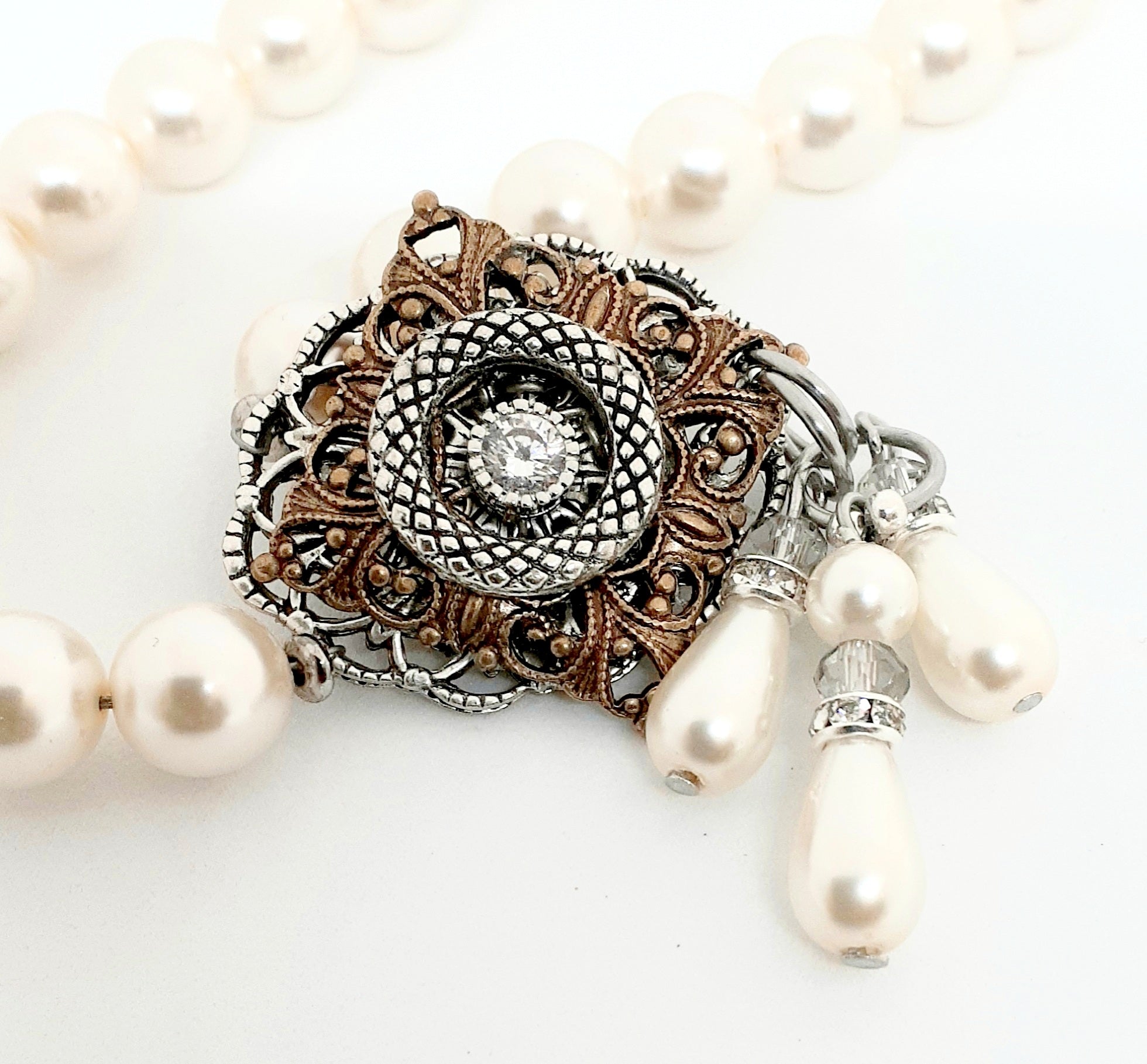 Antique Gold Chantilly Pearl and Rhinestone Crystal Necklace